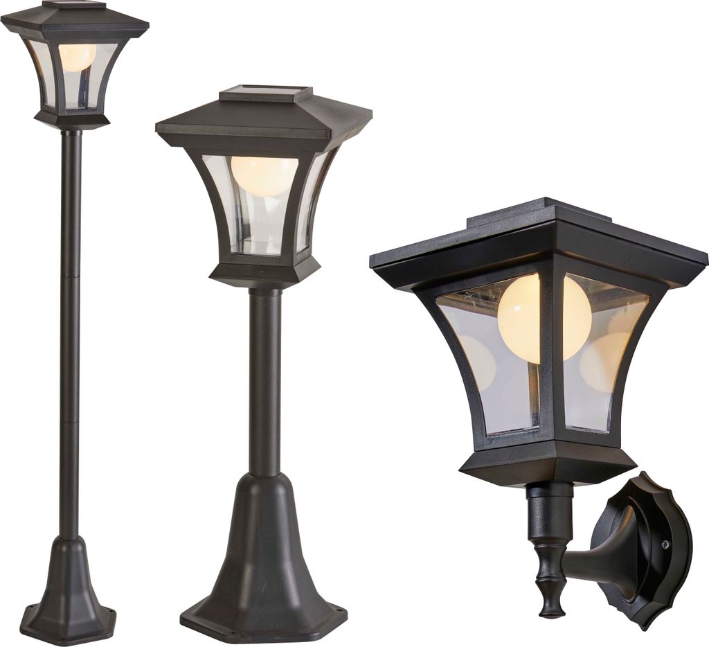 Three different types of outdoor solar garden lights are displayed against a white background.