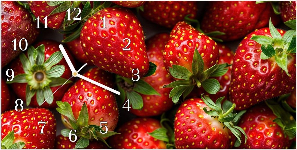 Wanduhr aus Glas mit Motiv Frische Erdbeeren- 60 x 30 cm - inkl. Aufhängesystem