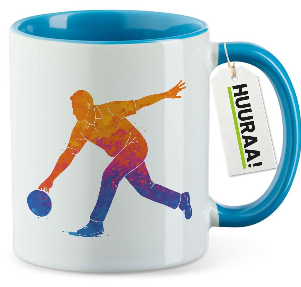 Huuraa Kaffeetasse Bowling bunte Silhouette 330ml Blau Keramik Kaffeebecher Geschenkidee