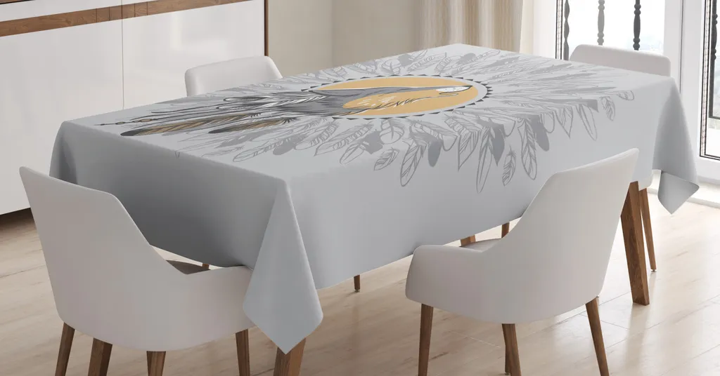 Tovaglia ABAKUHAUS Tribal, Lupo che ulula e piume, stampa con colori vivaci che non sbiadiscono, lavabile per uso interno o esterno, 140 x 240 cm, grigio pesca viola blu