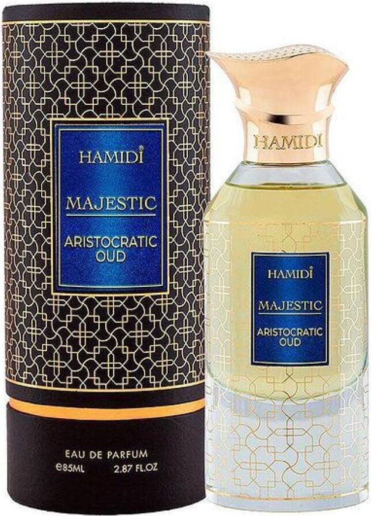 A perfume bottle and its packaging are displayed against a white background.