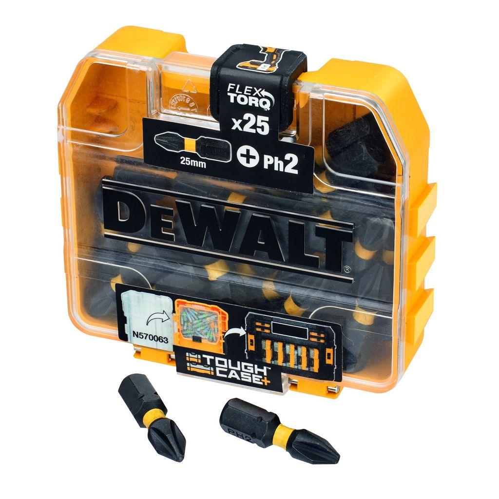 A Dewalt screwdriver bit set in its original packaging, with two bits displayed in the foreground.