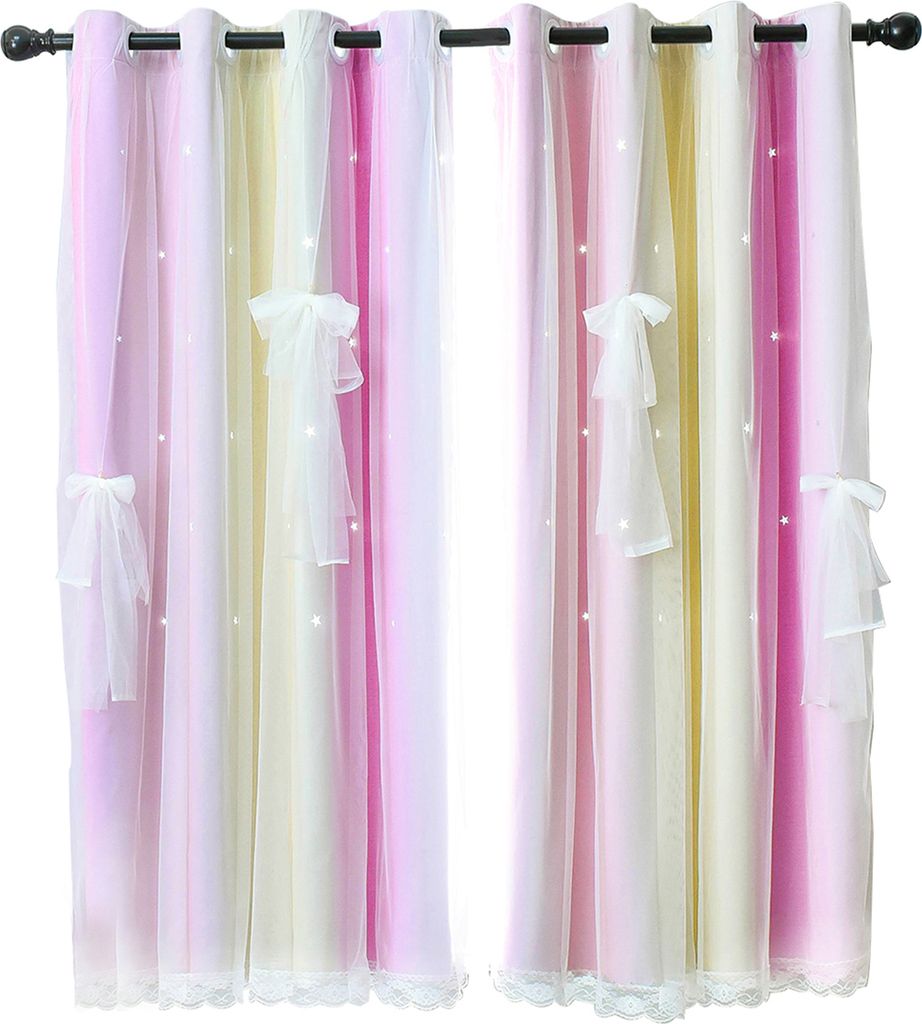 2 Stück Vorhang Blickdicht Gardinen Stern Doppelschicht Ösenvorhänge mit Voile für Schlafzimmer Wohnzimmer Kinderzimmer, Rosa, B132xH243cm
