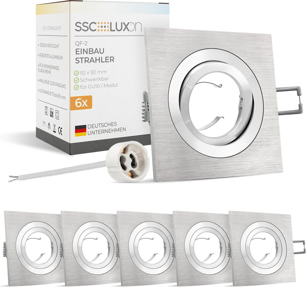 SSC-LUXon 6 Stück QF-2 Einbaustrahler Alu gebürstet quadratisch schwenkbar – Spot Einbaurahmen mit GU10 Fassung (ohne Leuchtmittel)