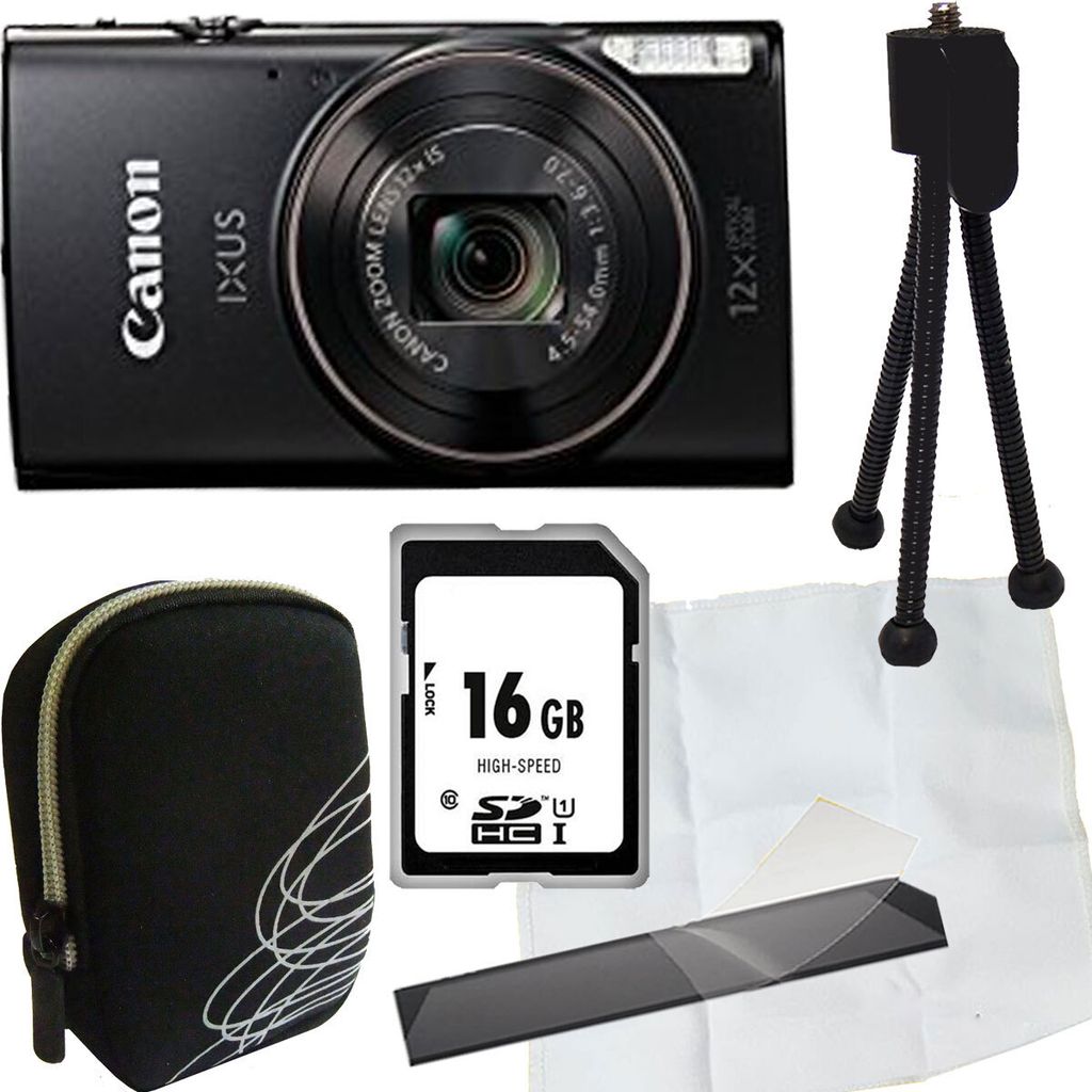 A product shot of a Canon Ixus camera and its accessories.