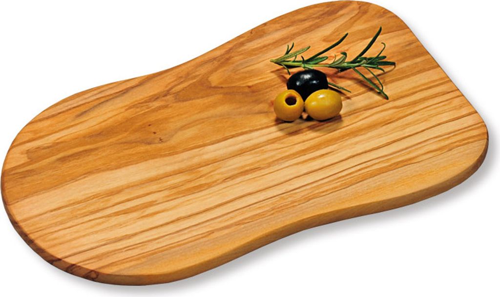 A wooden cutting board with olives and rosemary on it, set against a white background.