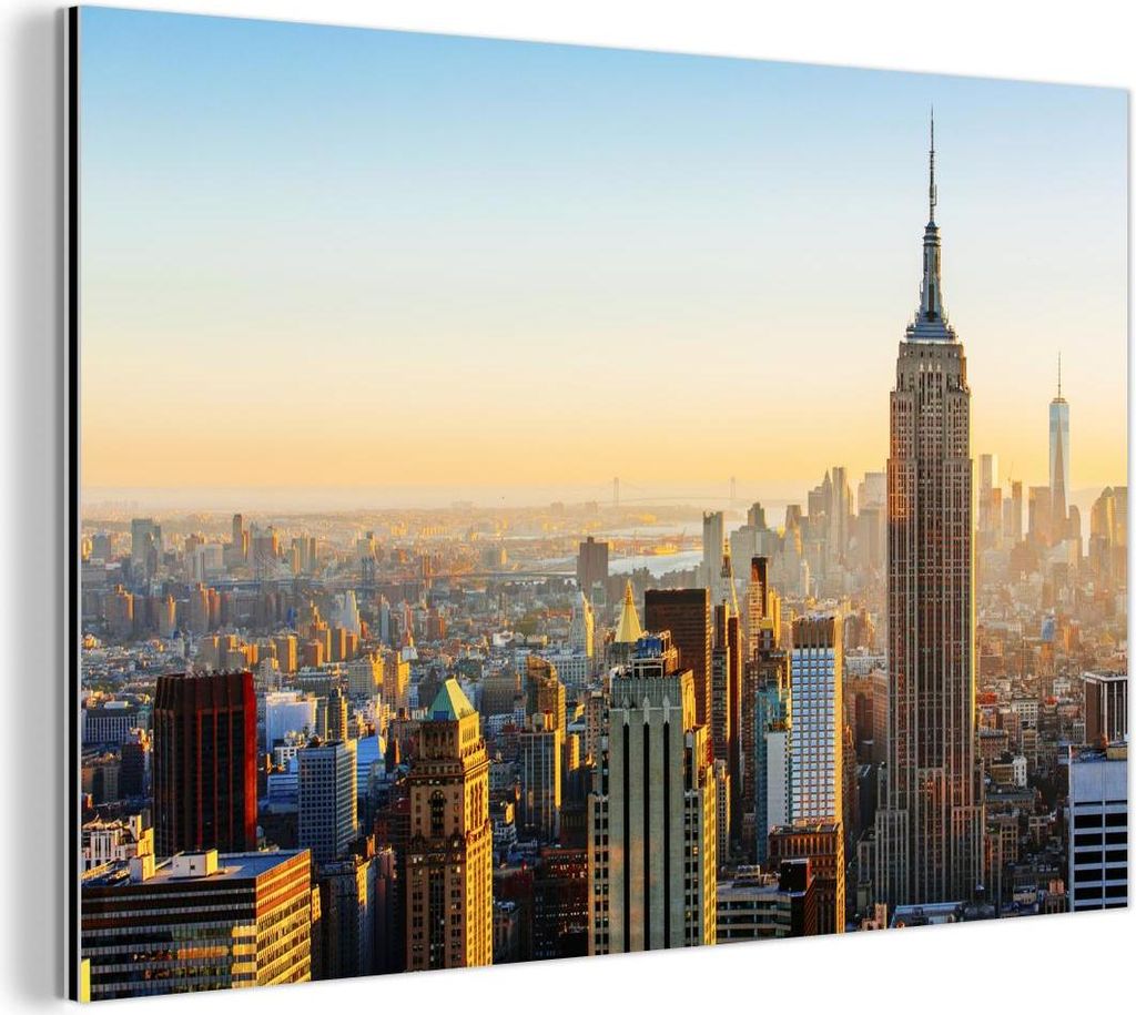 MuchoWow Wanddekoration Metall Metallbild Wandkunst 150x100 cm Skyline von New York bei Sonnenuntergang mit dem Empire State Building MuchoWow Alum...