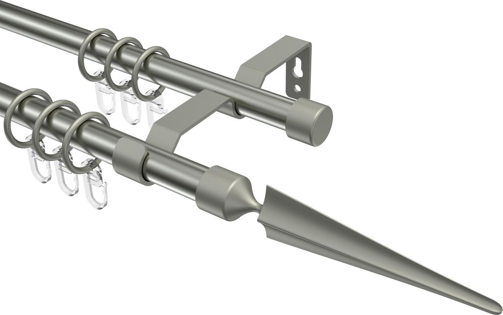 Interdeco Gardinenstange / Vorhangstange Edelstahl-Optik / Chrom matt, Typ Olymp Lorenzo (Speer), 16 mm Ø 2-läufig, 240 cm