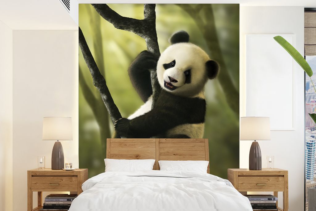 MuchoWow Fototapete für Wohnzimmer oder Schlafzimmer Wandtapete Vinyl Motivtapete Panda - Welpe - Baum - 165x220 cm - Wanddekorationen