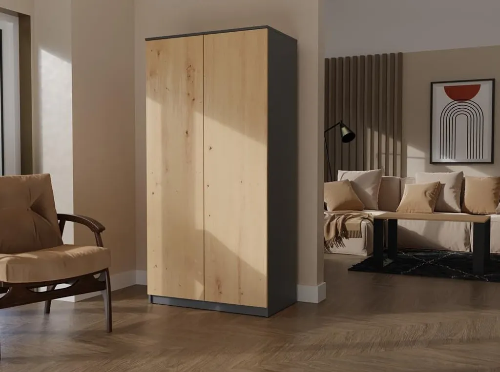 Armoire bicolore anthracite et chêne 6 tablettes modulables