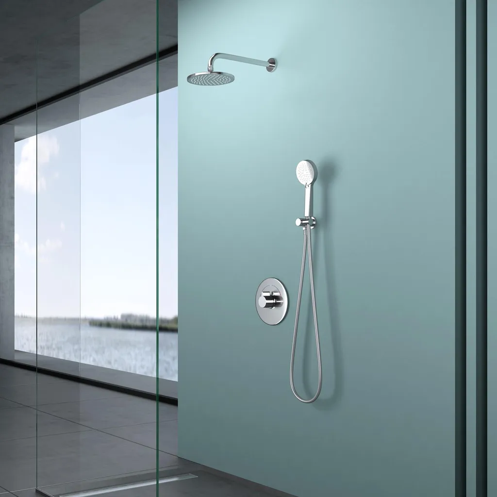 Douche encastrée chromée avec mitigeur et pomme de tête 20cm effet pluie
