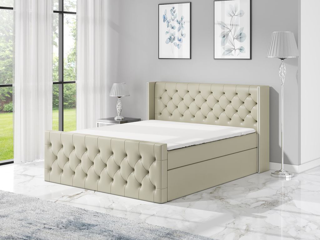 Boxspringbett GRO 160x200 mit 2 Bettkästen, Bonell-Matratze und Topper. Farbe: Beige.