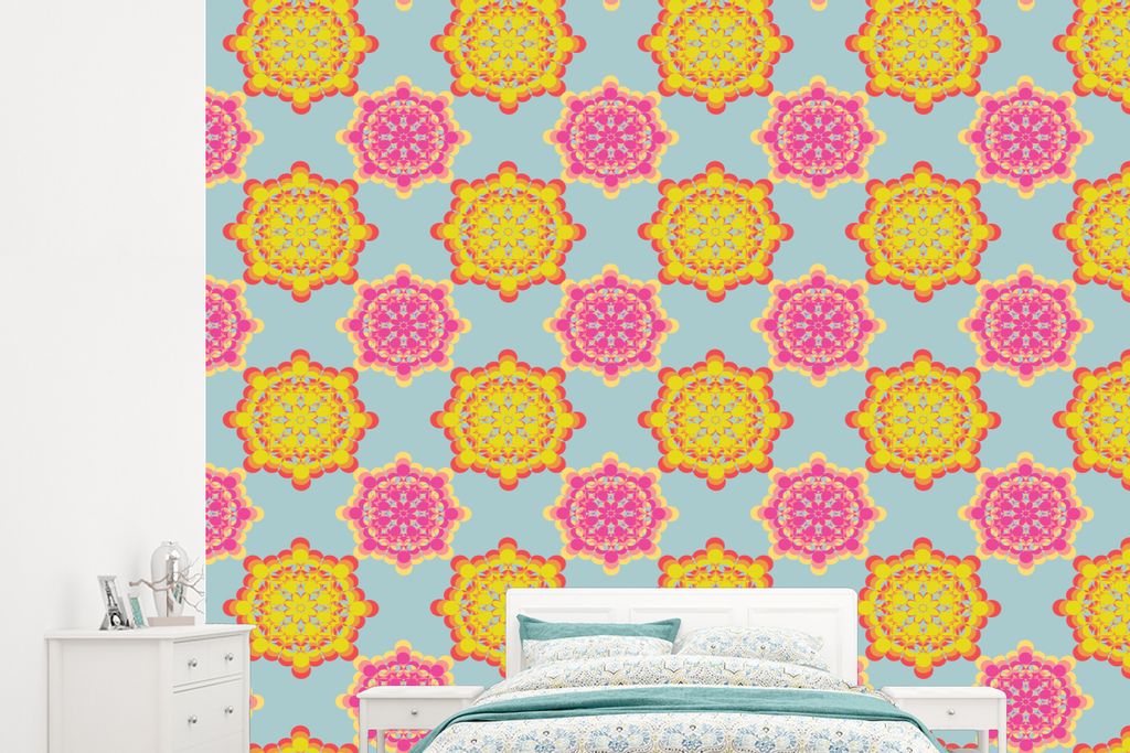 MuchoWow Fototapete für Wohnzimmer oder Schlafzimmer Wandtapete Vinyl Motivtapete Flower Power - Design - Hippie - 245x220 cm - Gemustert