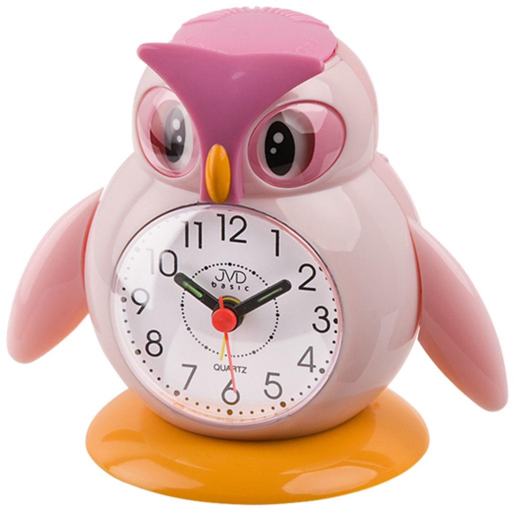 A pink owl-shaped alarm clock on a white background.