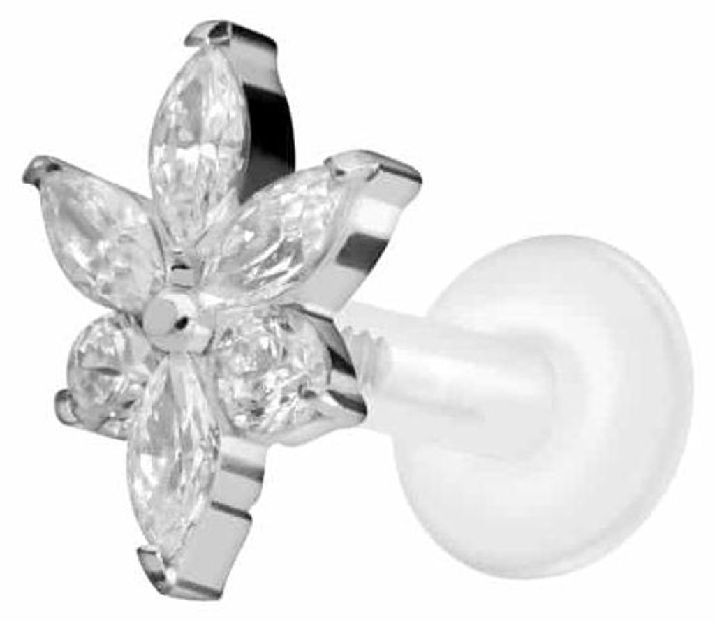 Ohrpiercing, Nasenpiercing PTFE Labret mit Innengewinde + Titan-Aufsatz KRISTALLBLUME Silber Stablänge: 6mm | Stabstärke: 1,6mm