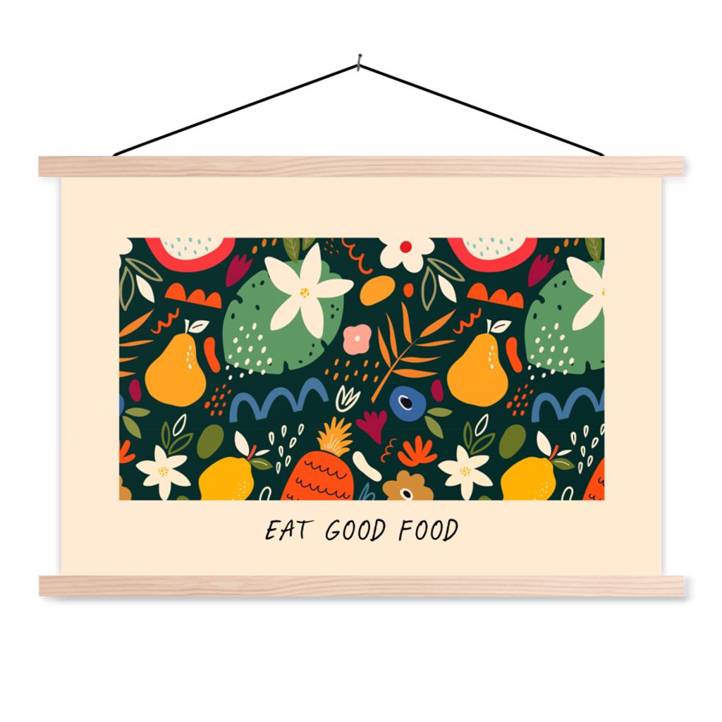 MuchoWow Textilposter Sprichwörter - Essen Sie gut - Zitate - Essen 120x80 cm mit holzfarbenen Rahmen - Aufhängeset