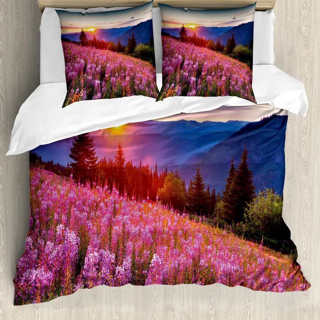 ABAKUHAUS Set copripiumino per letti matrimoniali, montagne primaverili con fiori, antiacaro, adatto a chi soffre di allergie, con federe, rosa e blu