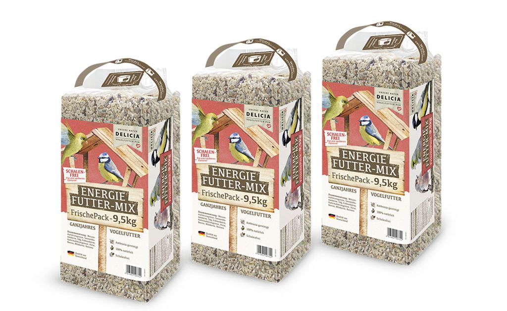 3 x 9,5kg Delicia Energie Futter Mix, Streufutter für Vögel, Vogelfutter, Ganzjahres Futter, Wildvogelfutter mit Beeren, schalenfrei ohne Ambrosia