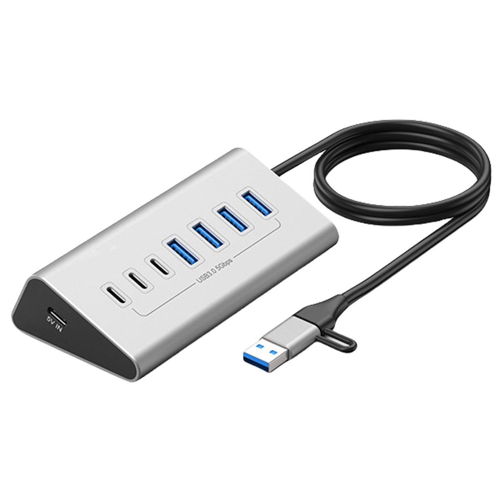 USB-C Hub 7-Port 4×USB-A 3.2+3×USB-C 3.2 10 Gbit/s Aluminiumgehäuse 15W Strom Büro, Homeoffice, Laptop