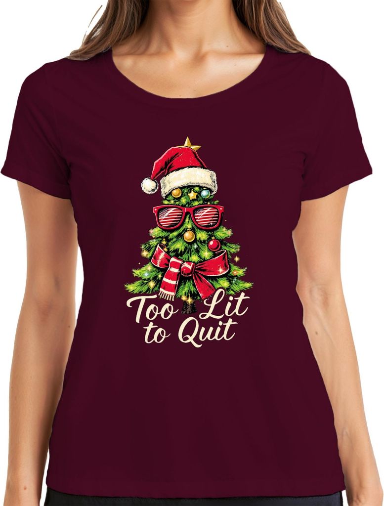 Too Lit to Quit Weihnachtsbaum Sonnenbrille Party Geschenk Damen T-Shirt, Burgundy, L