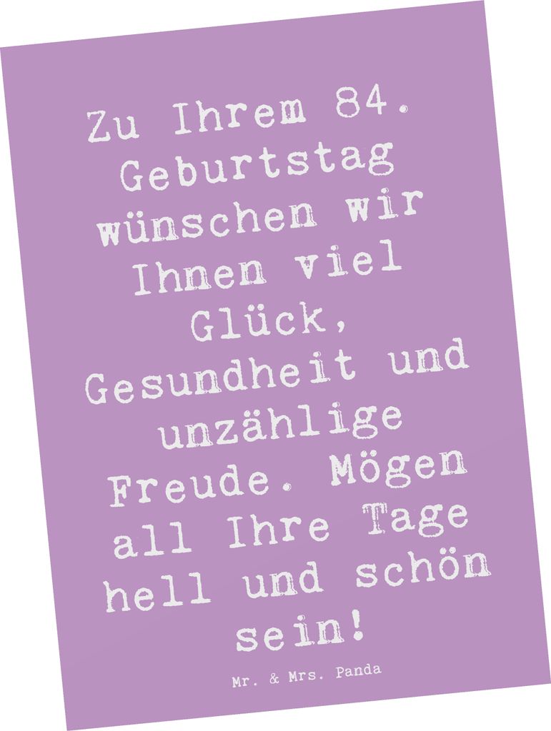 Mr. & Mrs. Panda Postkarte Spruch 84. Geburtstag Glückwünsche - Lavendeltraum - Geschenk, Fotokarte, 84 Jahre, Jubilar, Grußkarte, unzählige Fr...