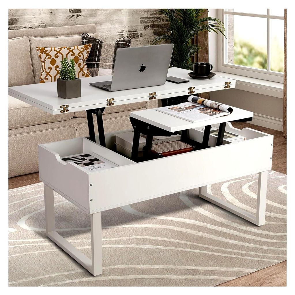 Höhenverstellbarer Couchtisch, 3-in-1-Multifunktionstisch mit verstecktem Stauraum, umwandelbar in Esstisch (Weiß)
