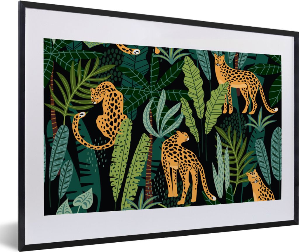 MuchoWow Gerahmtes Poster Dschungel - Panther - Muster - Jungen - Mädchen - Pflanzen 60x40 cm - Poster mit Schwarzem Bilderrahmen Wandposter Rah...