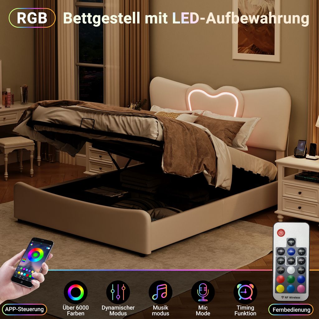 ProximaX Polsterbett 160x200cm mit Ladefunktion (USB), Jugendbett Doppelbett Stauraumbett mit LED und Kopfteil, Hydraulik-Boxspringbett mit Staurau...