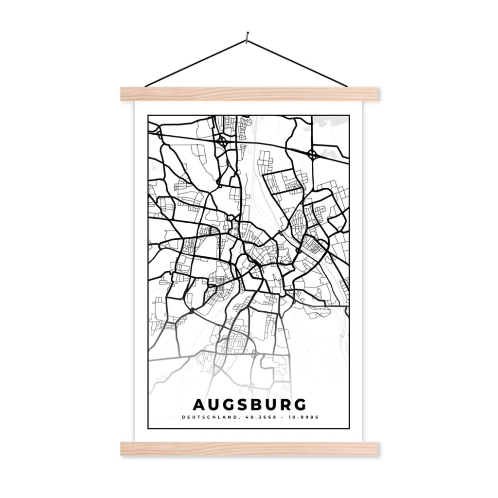 MuchoWow Textilposter Karte - Augsburg - Stadtplan 120x180 cm mit holzfarbenen Rahmen - Textil-Plakat