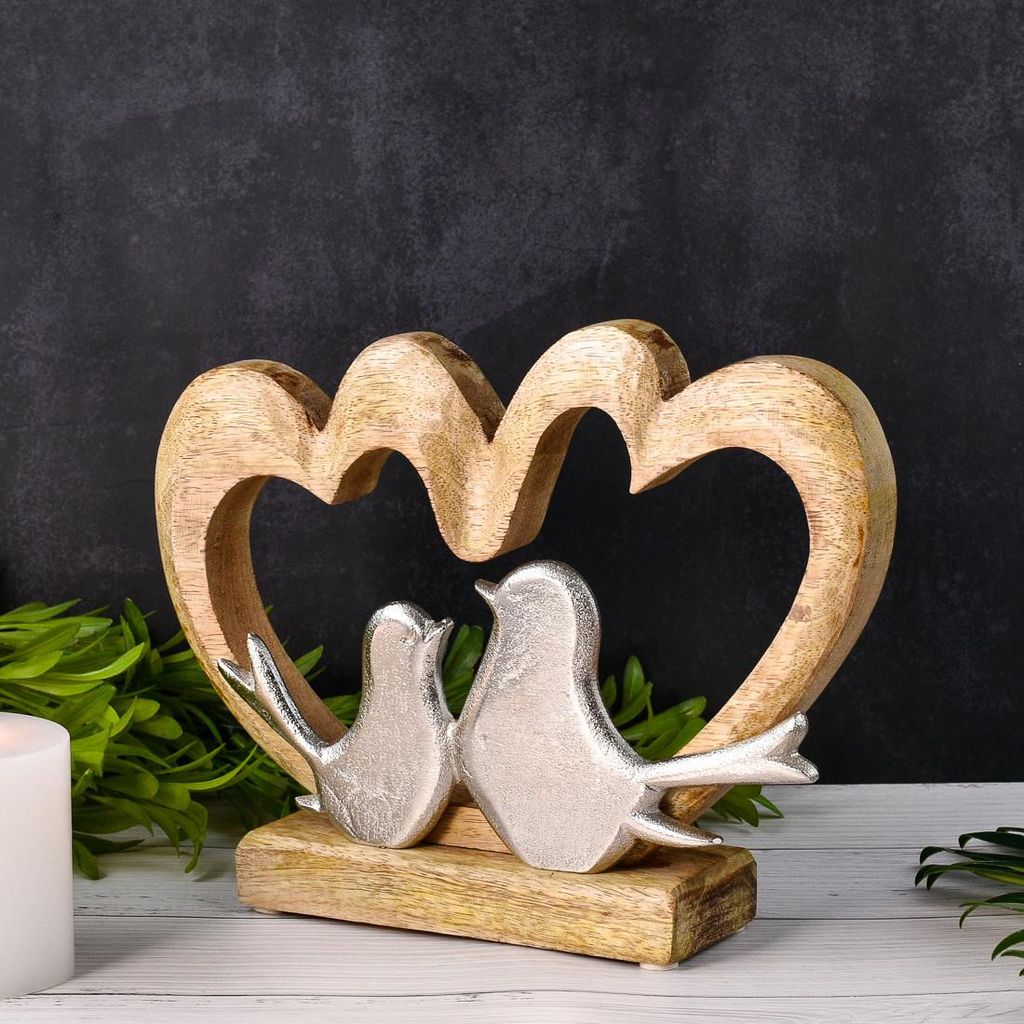 Marrakesch Dekofigur Herz Amour -5- Holz Aluminium Handarbeit H 20cm Boho Chic modern Geschenk Valentinstag Hochzeit Tischdeko Mangoholz silber Vog...