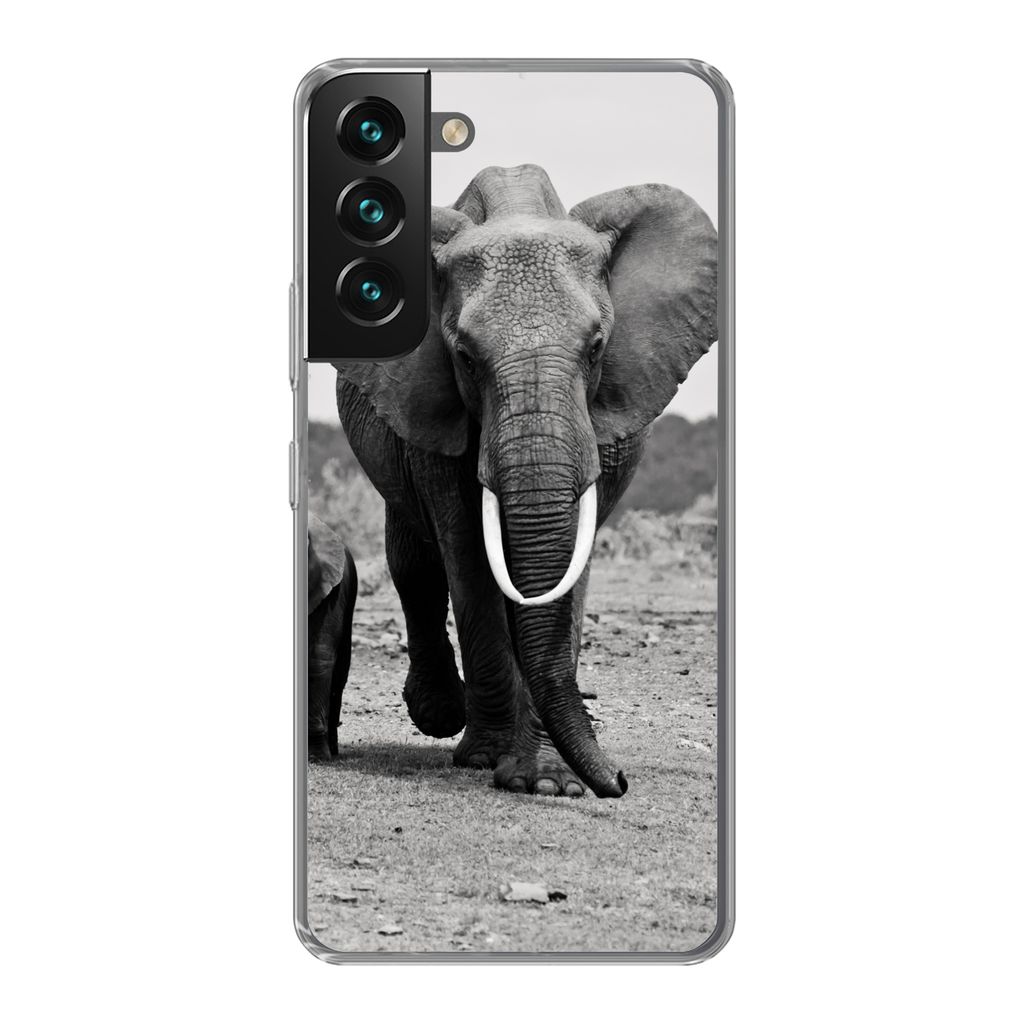 MuchoWow Handyhülle Schutzhülle Hülle für Samsung Galaxy S22 Plus Elefant - Kind - Schwarz - Weiß Silikon Softcase Handy Hülle - Schutzabde...