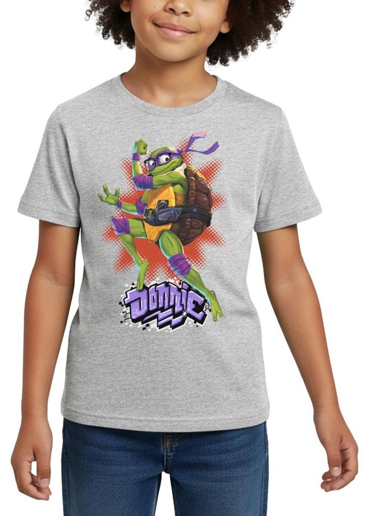 Spreadshirt TMNT Mutant Mayhem Turtle Donnie Kinder T-Shirt, 122/128 (7-8 Jahre), Grau meliert