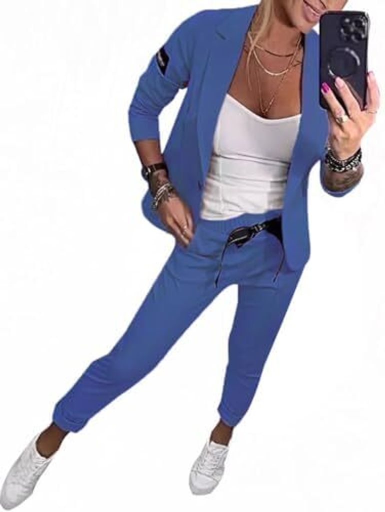 ASKSA Damen Lange aermel Zweiteiler Elegant Business Anzug Set Revers Buero Langarm Anzugjacke Blazer Hose 2-teilig Outfit Streetwear Freizeitanzug...