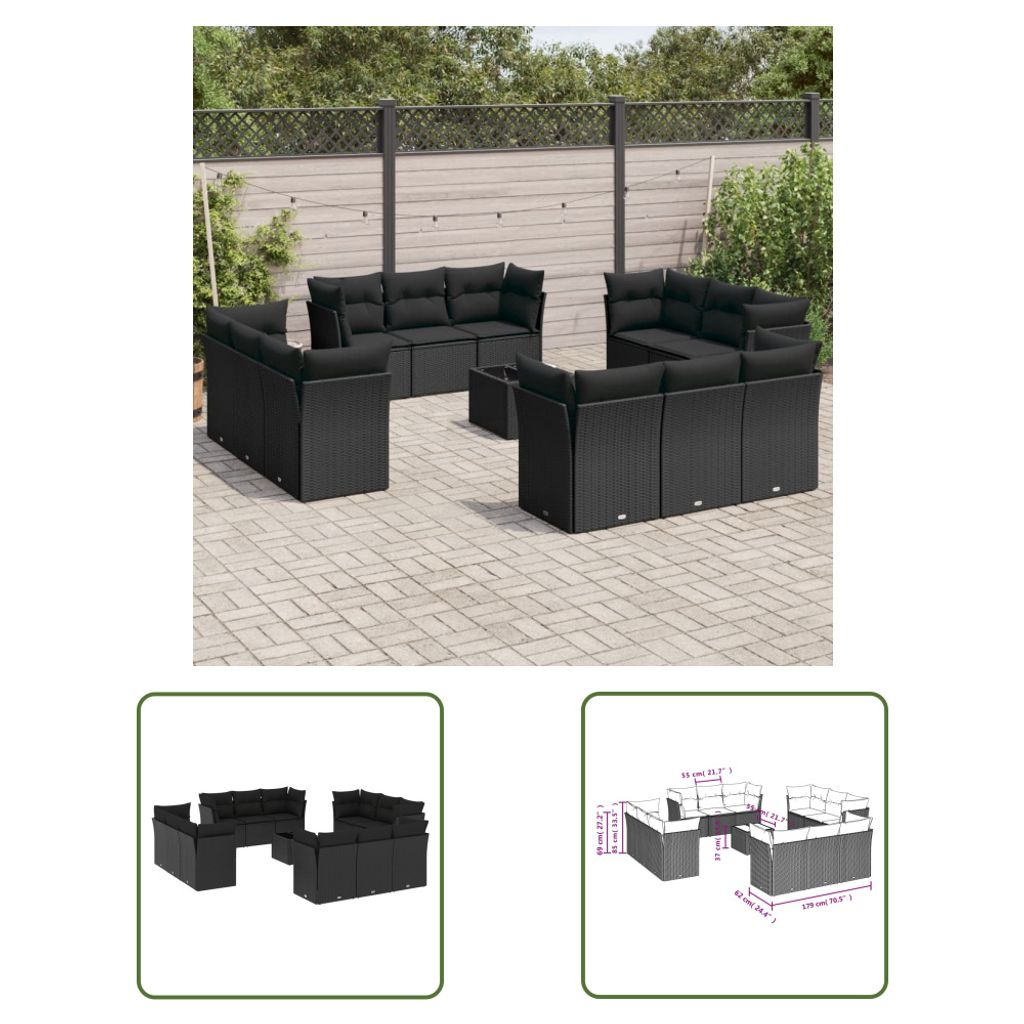 The Living Store 13-tlg. Garten-Sofagarnitur mit Kissen Schwarz Poly Rattan