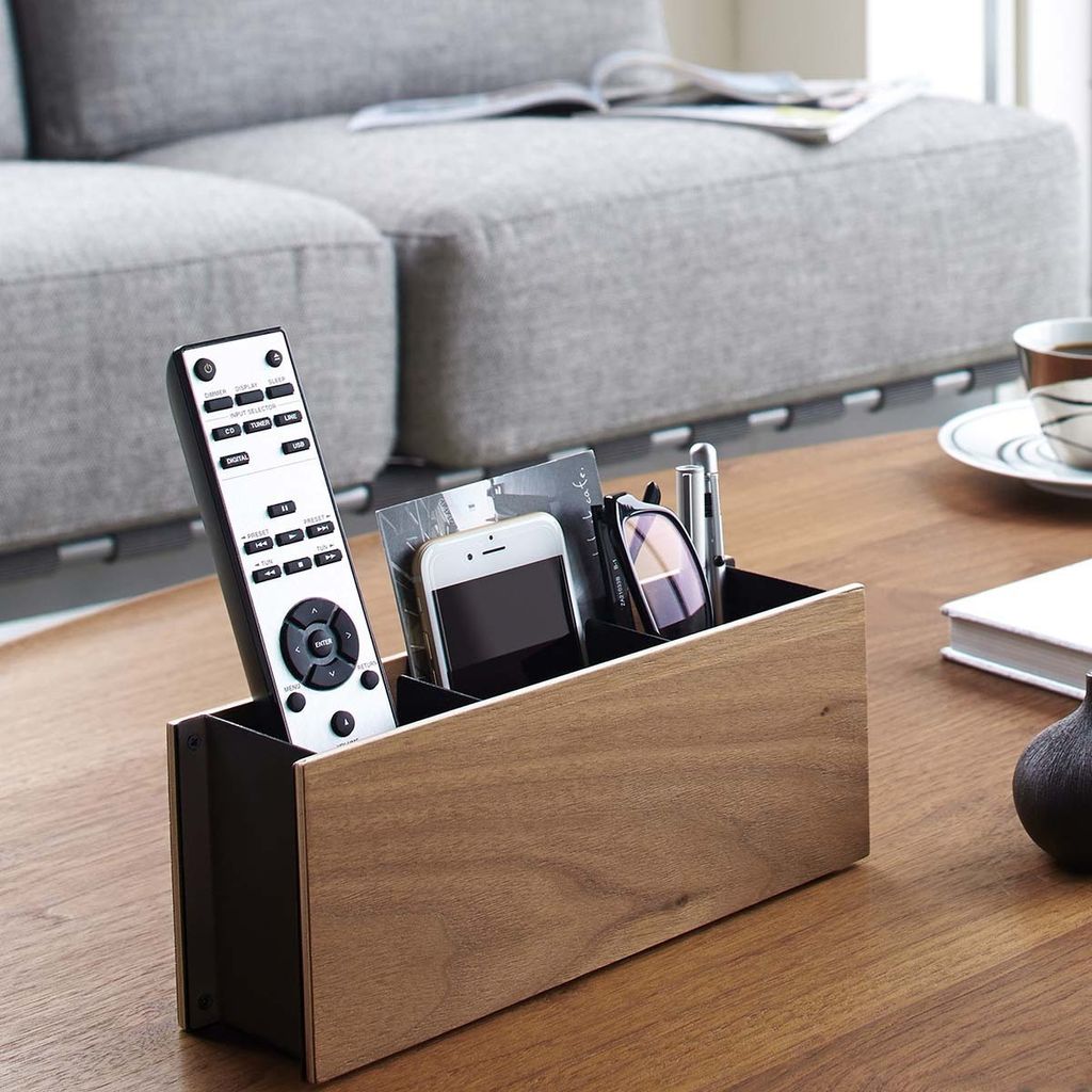 Yamazaki Tischorganizer schwarz aus Holz und Metall für Fernbedienung Handy Stifte 02731