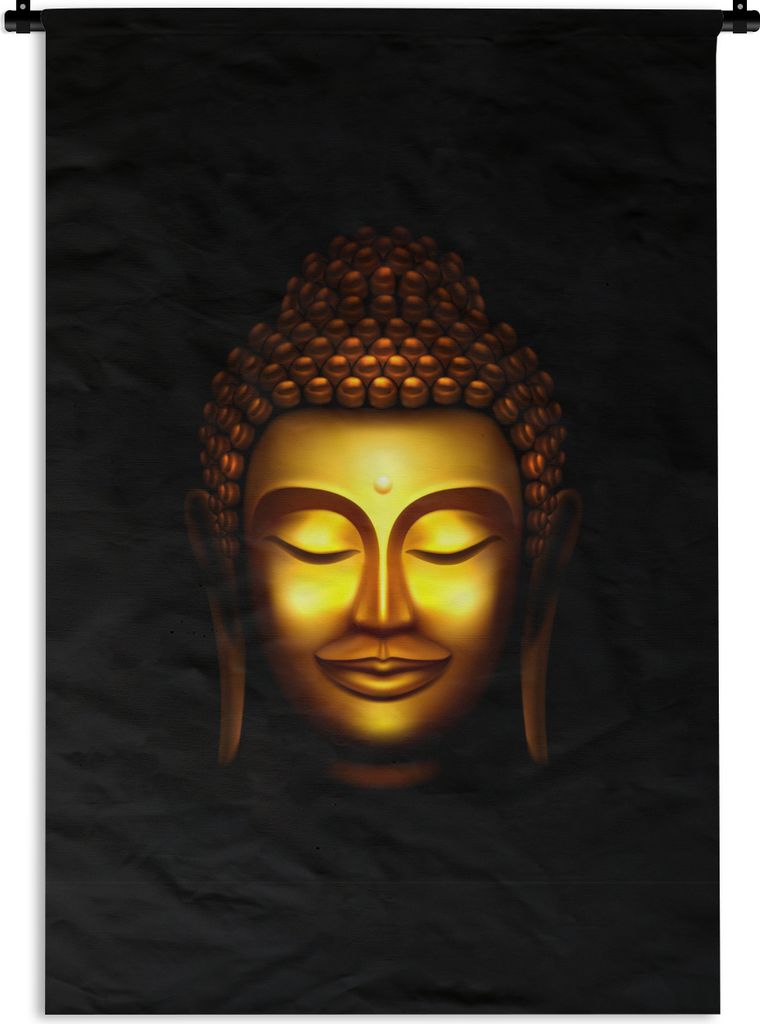MuchoWow Wandteppich Wandbehang Buddha - Kopf - Gold 90x135 cm Tapisserie Dekoration Wandtuch - Baumwolle - Wandskulptur