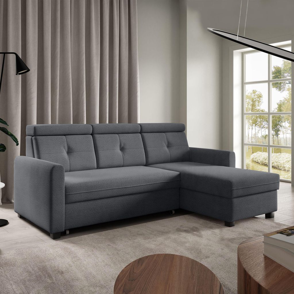 Ecksofa MILANO Graphit, L-Form - mit Schlaffunktion, Bettkasten & Ottomane rechts