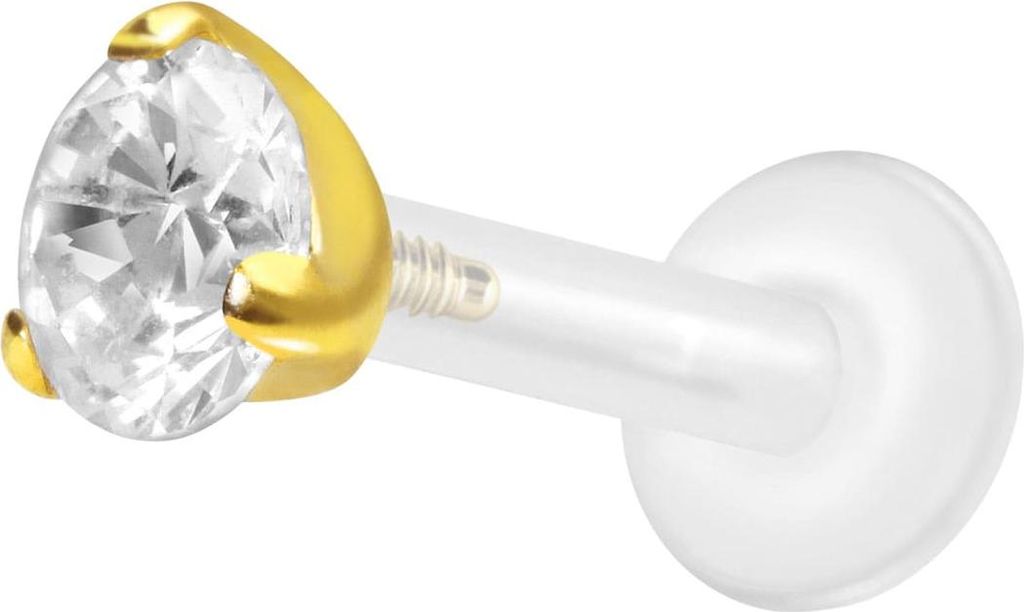 Ohrpiercing, Nasenpiercing PTFE Labret mit Innengewinde + Titan-Aufsatz EINGEFASSTER KRISTALL Gold Stablänge: 10mm | Stabstärke: 1,6mm | Kristall...