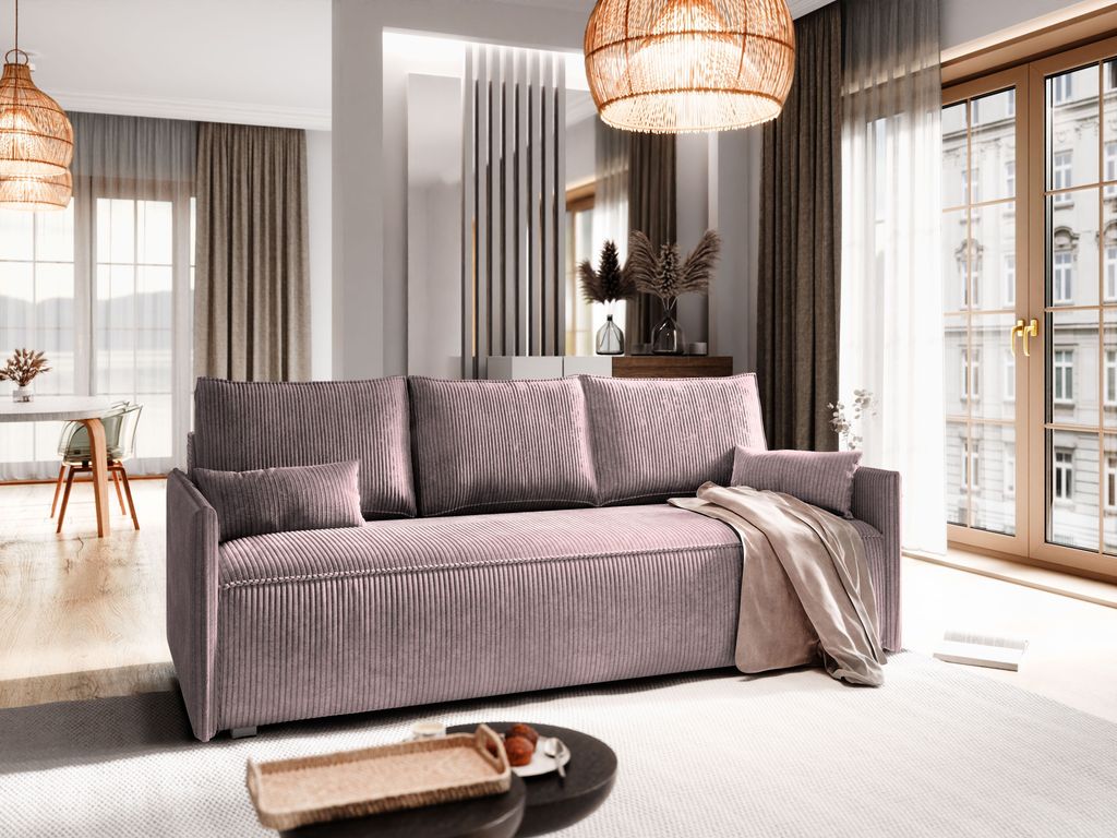 Sofa MESTOR Lila Kordstoff mit Schlaffunktion, Sofa mit Produktbild 