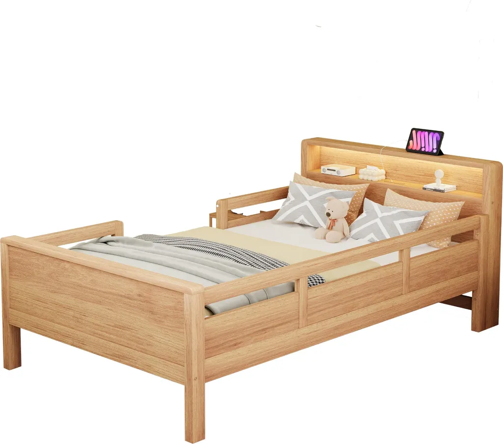 Lit Simple 90x200 cm Multifonctions en Pin Naturel avec LED et USB - 6