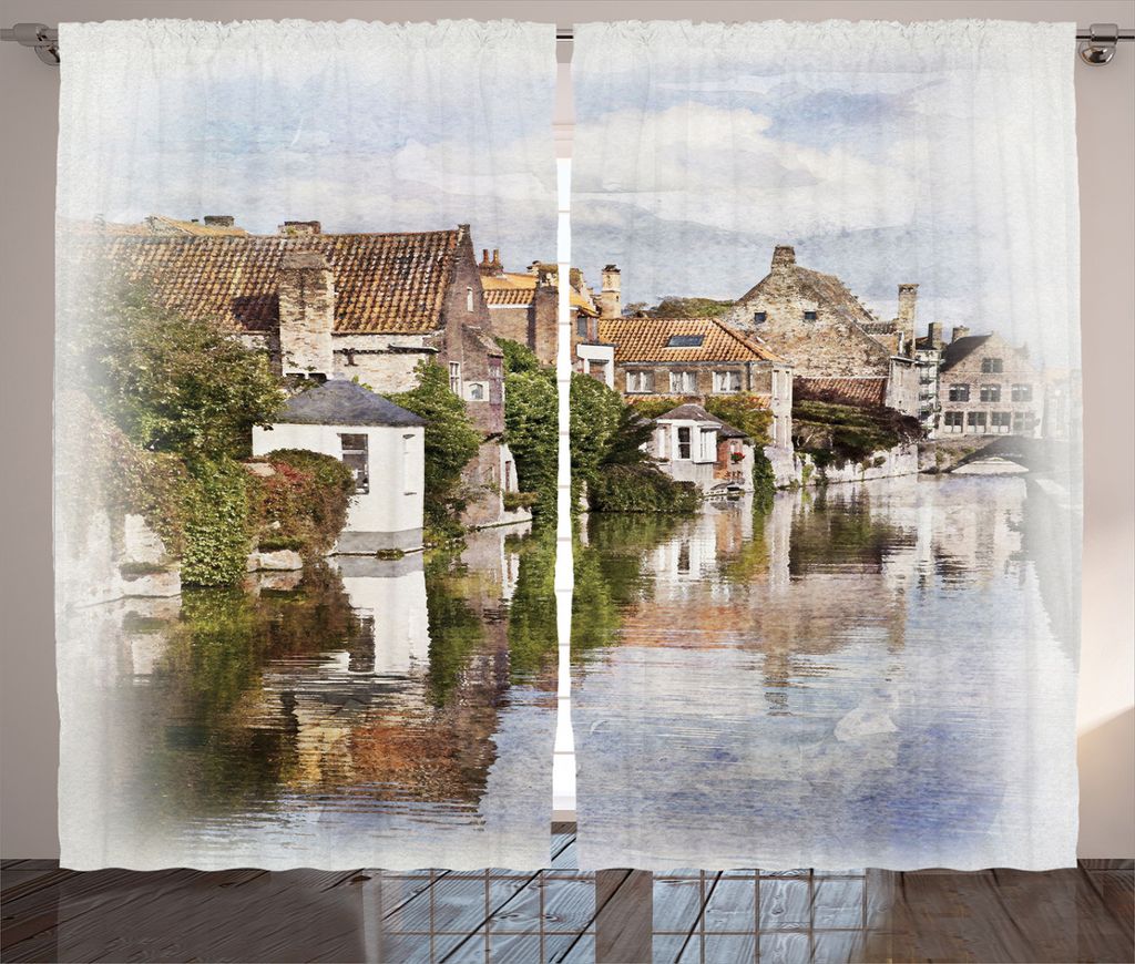 ABAKUHAUS Rustikal Rustikaler Vorhang, Brugge Blick auf den Kanal, Wohnzimmer Universalband Gardinen mit Schlaufen und Haken, 280 x 245 cm, Mehrfarbig