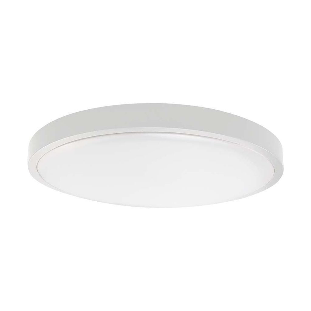 A white, round LED ceiling light is shown against a white background.