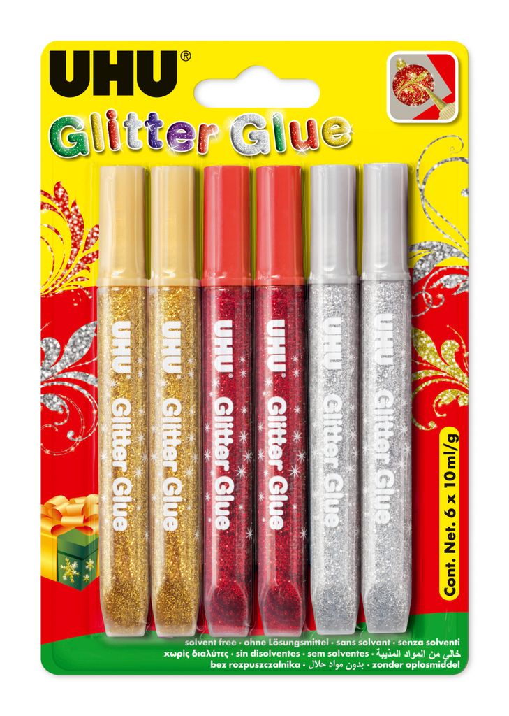 Glitzerkleber Glitter Glue UHU 36210 'Festliche Farben', 6 x 10ml