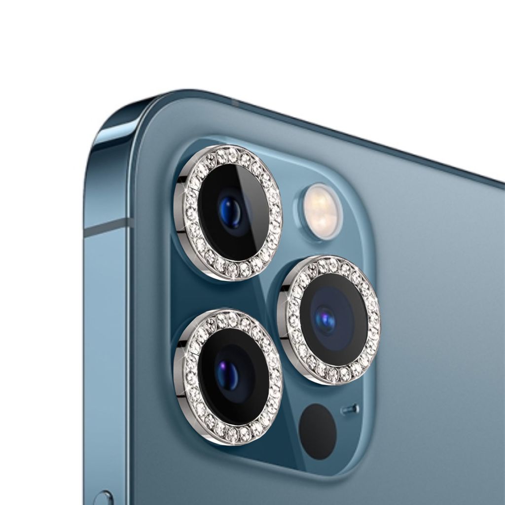 Close-up view of the camera lenses of a blue smartphone, adorned with decorative rings around each lens.