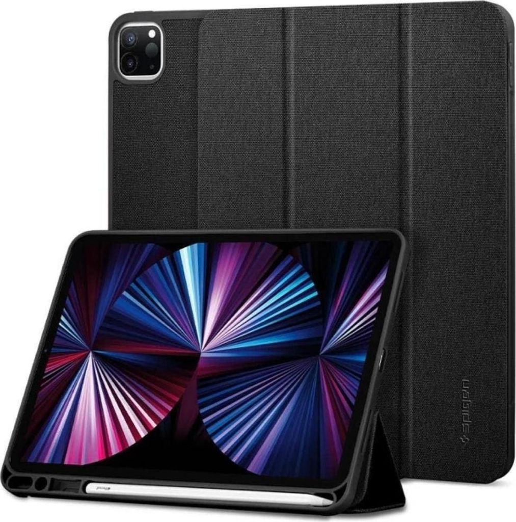 A black tablet case with a tablet inside, displayed in a studio setting.
