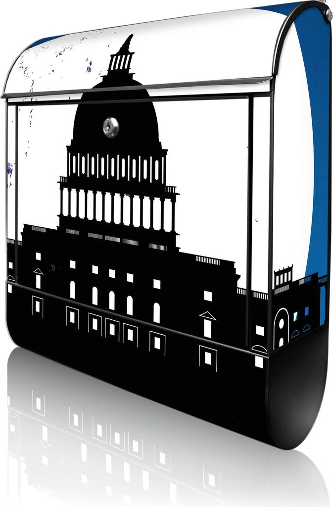 banjado Design Briefkasten Stahl schwarz mit Zeitungsfach pulverbeschichtet "City Poster Washington" 38x46x12,5cm & 2 Schlüssel - Postkasten A4 Ei...
