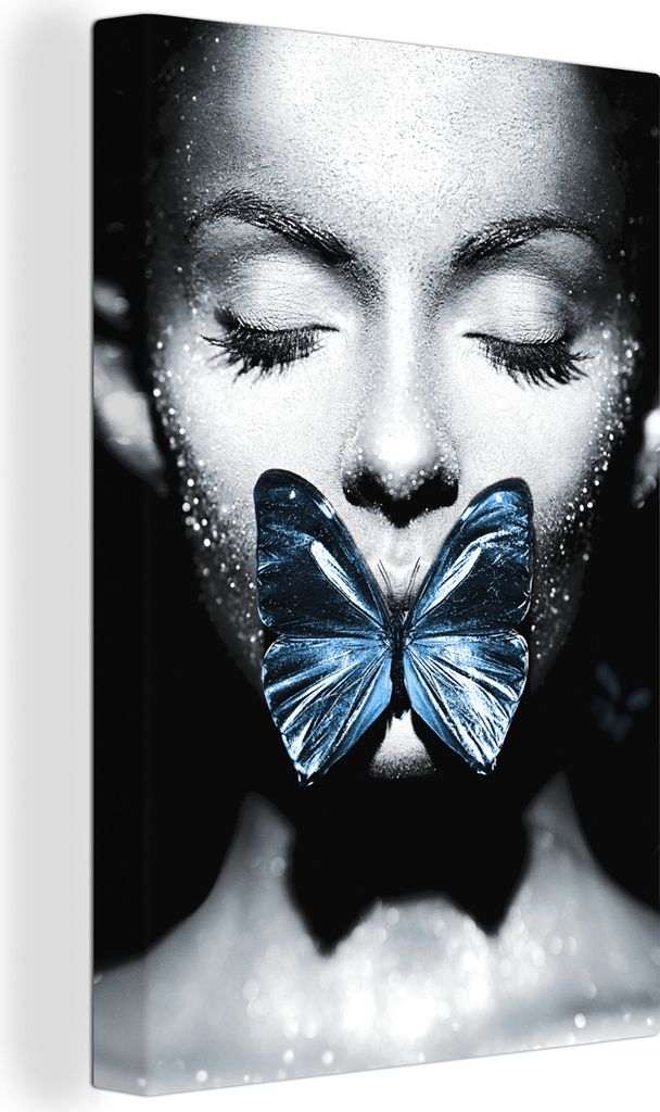 OneMillionCanvasses - Leinwandbilder - 90x140 cm, Frau - Schmetterling - Schwarz - Weiß, Wandbilder Kunstdruck Wanddekoration - Foto auf Leinwan...