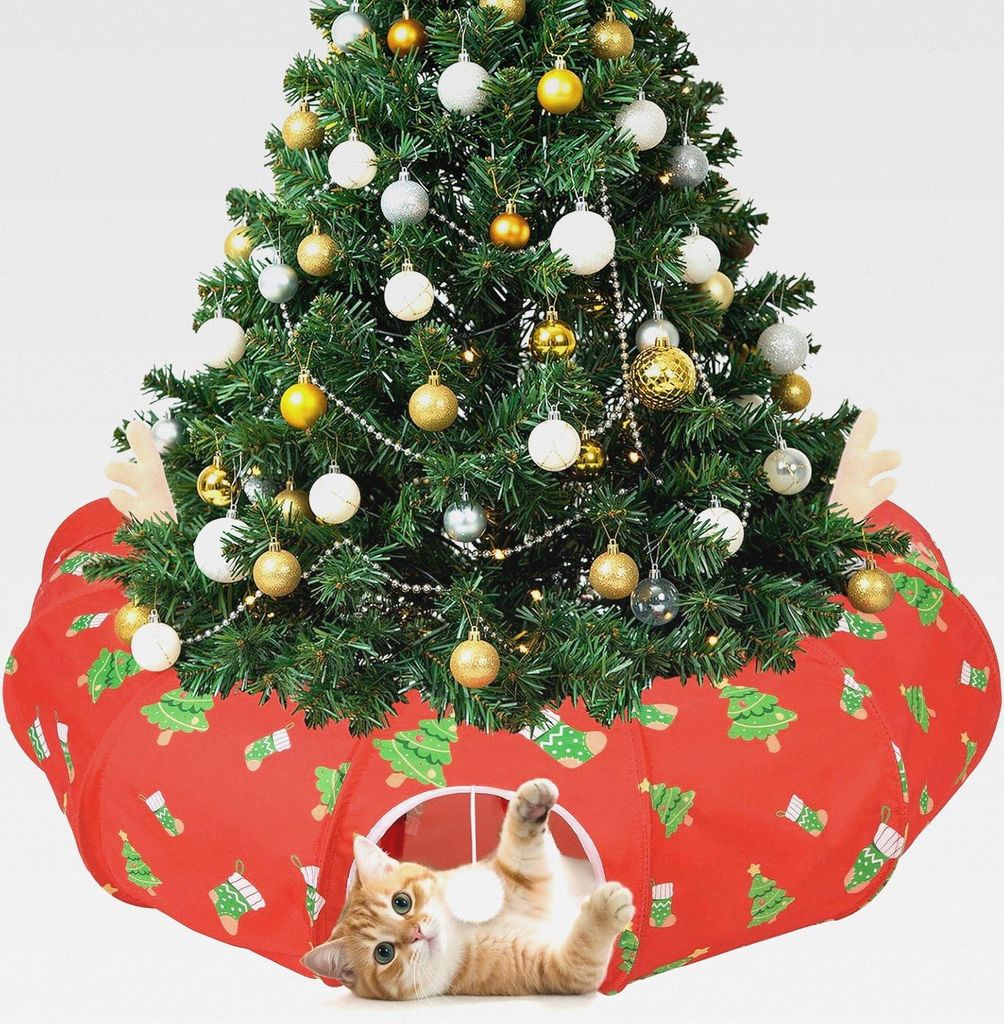 Katzentunnel-Bett für unter den Weihnachtsbaum, 90×90×25 cm Rundtunnel im Weihnachtsbaum-Design mit Spielball, Weihnachtsdeko-Spieltunnel für K...