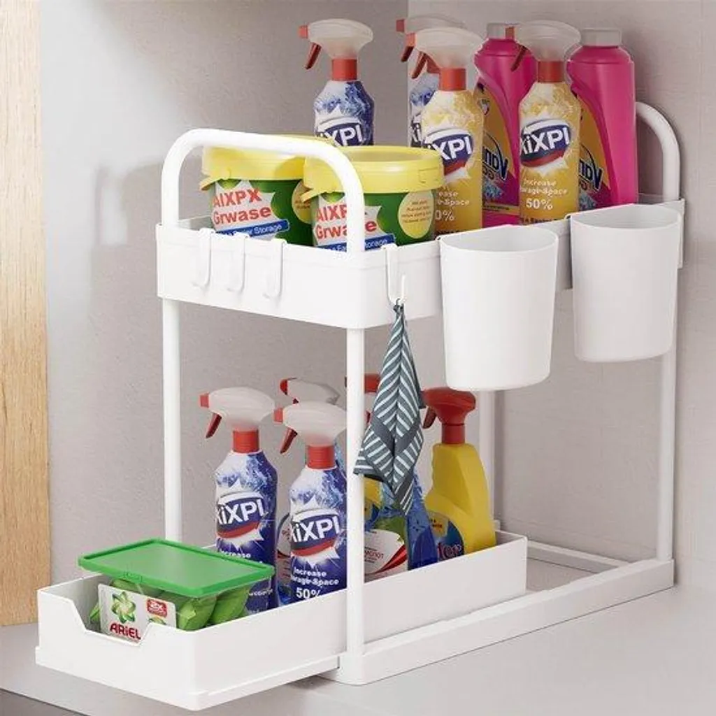 Organiseur de cuisine blanc à 2 niveaux avec crochets et pots amovibles
