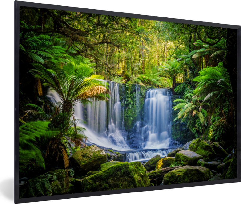 MuchoWow MuchoWow Gerahmtes Poster Dschungel - Wasserfall - Australien - Pflanzen - Natur 90x60 cm - Poster mit zchwarzem Bilderrahmen - Fotora...